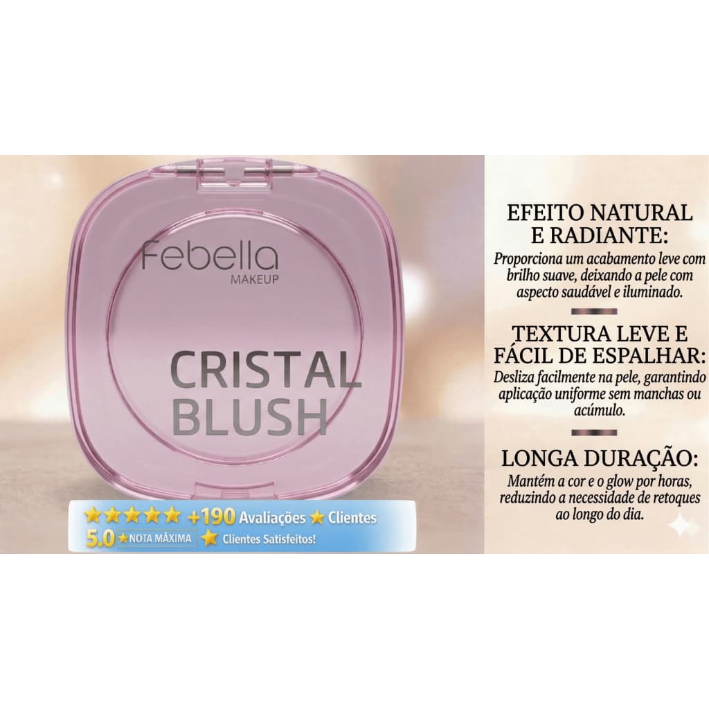 Blush Compacto Rosa Cristal Febella Makeup Alta Pigmentação Efeito Natural Longa Duração