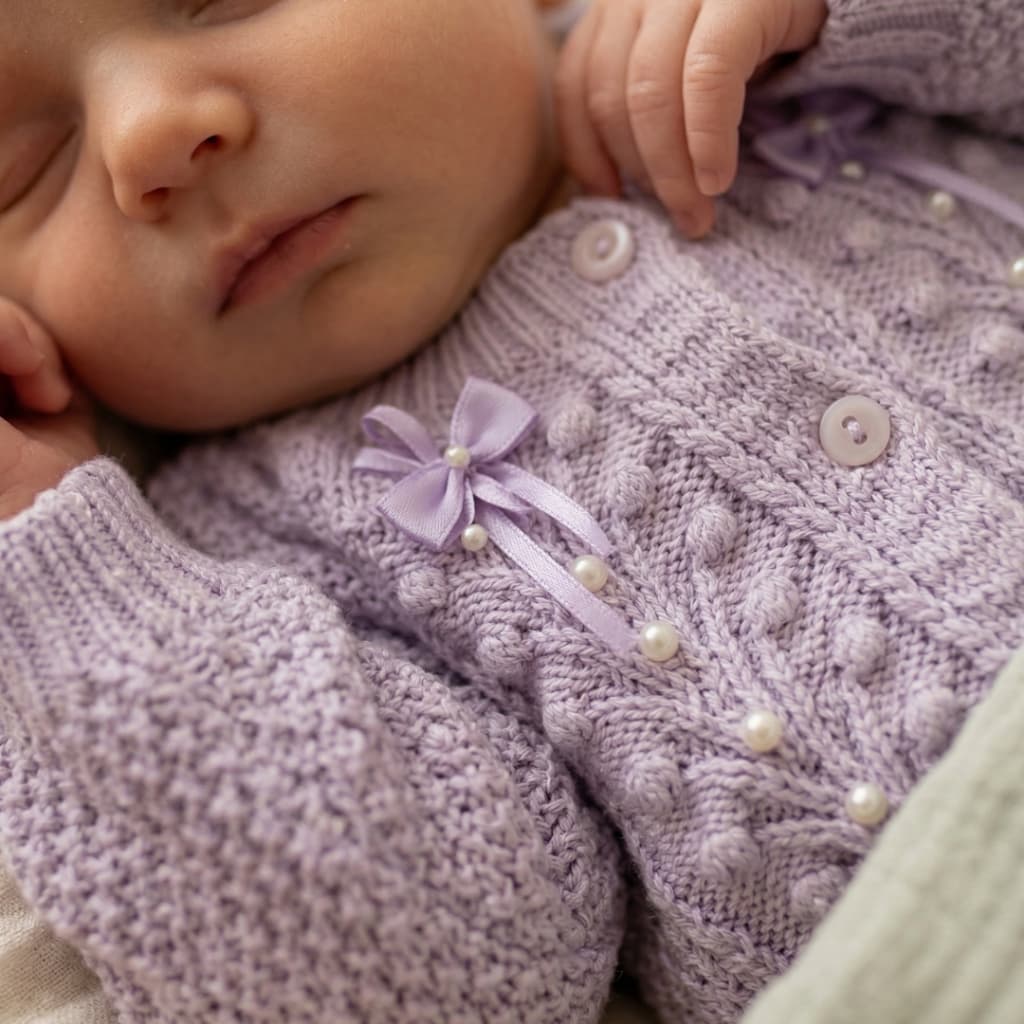 Casaco Bebê Infantil Tricô Luxo Lavanda Cardigan Menina Antialérgico P ao G / 0-11 Meses