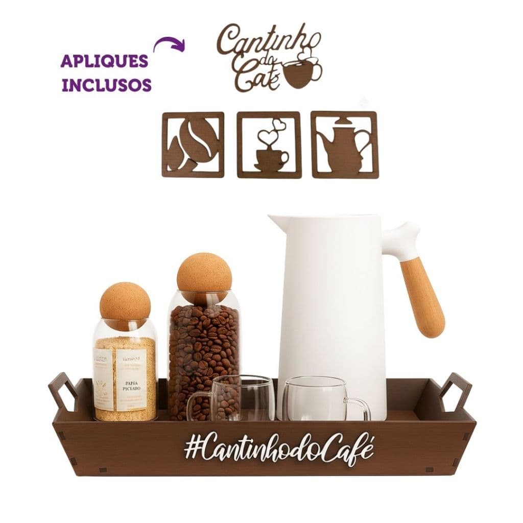 Kit Bandeja Com Alça Cantinho Do Café MDF Com Apliques Organização Elegância Decoração Casa Cozinha