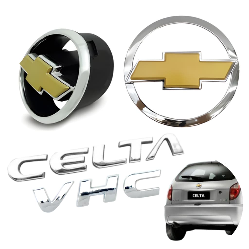 Kit Emblemas Chevrolet Celta VHC 2001 a 2006 Gravata Dourada Grade e Porta Malas 4 Peças Dourado