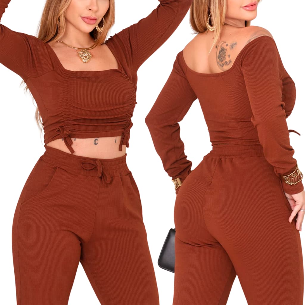 Conjunto Feminino Canelado Calça Flare + Cropped Ajustável Manga Longa Moda Elegante Confortável