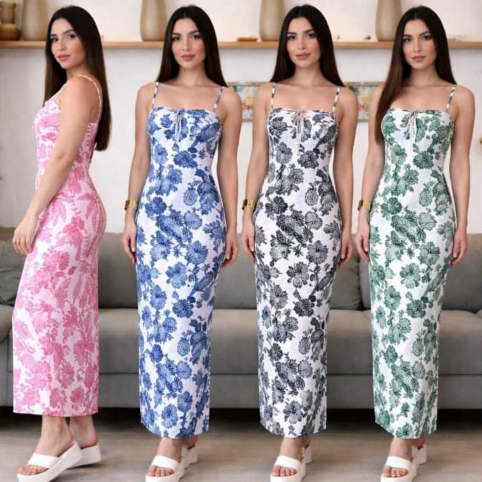 Vestido feminino longo estampado alça com regulagem tendência