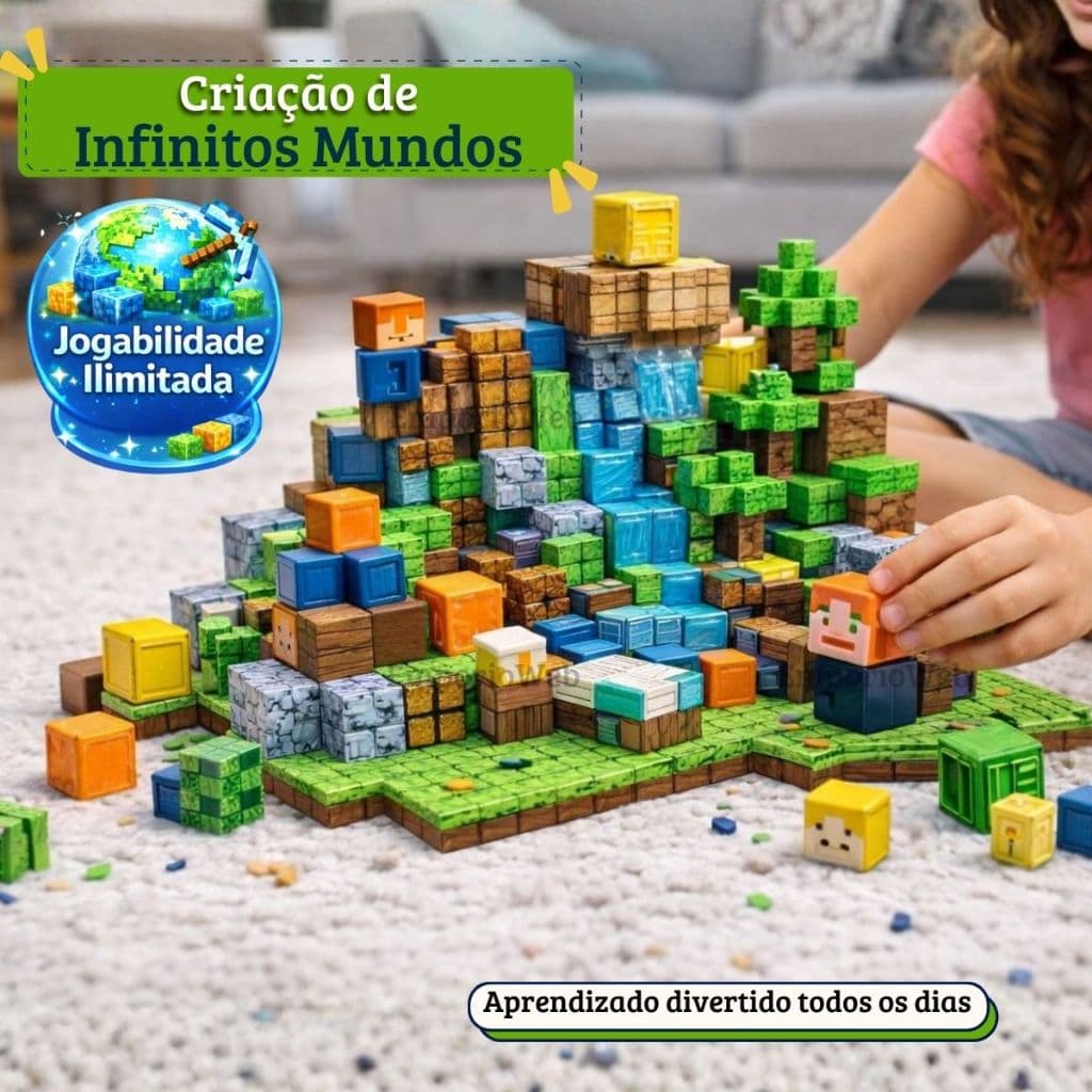 Cubos Magnéticos Construção Blocos Craft Montar Mundo Pixelado Mine World Infantil Educativo Build