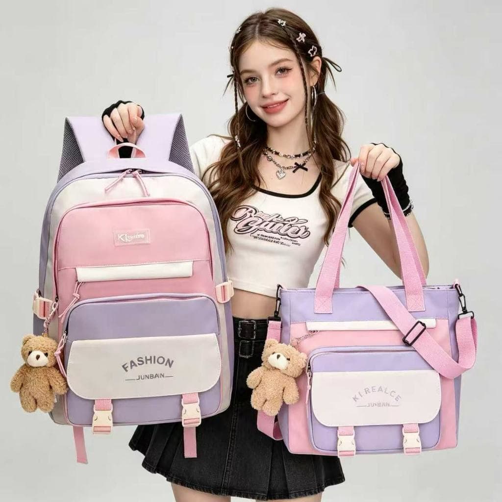 Nova mochila coreana casual color block, elegante e versátil, grande capacidade, conjunto de duas peças, mochila escolar