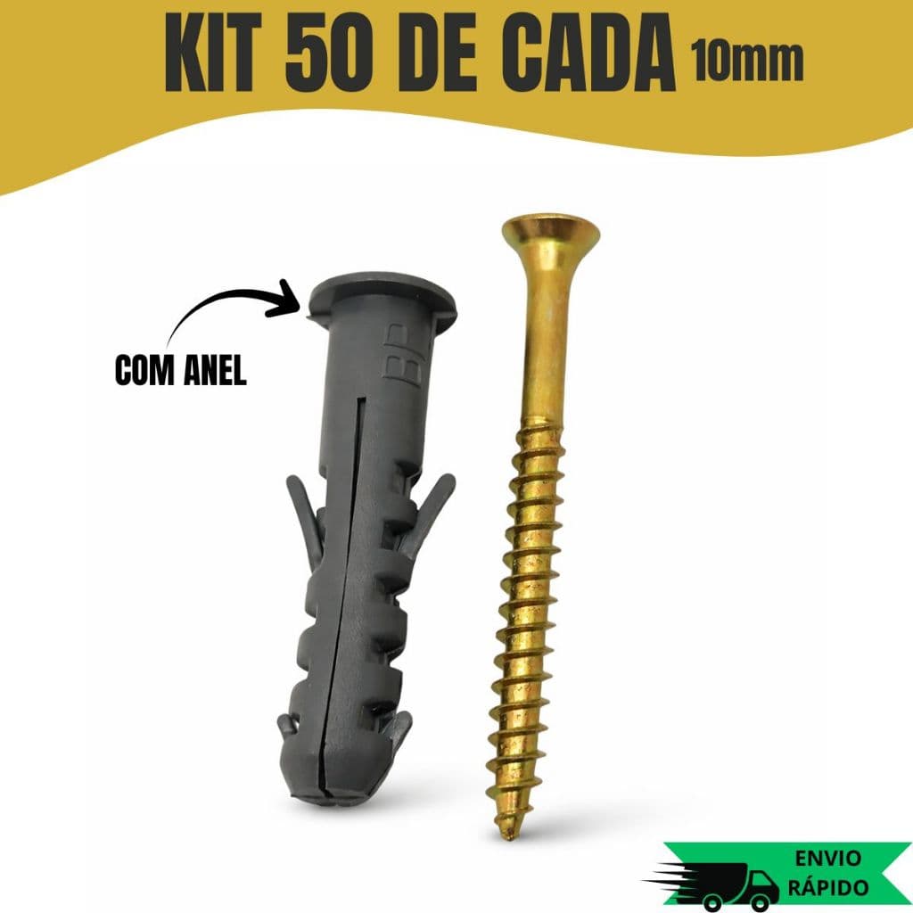Kit 50 Buchas 10mm com Anel + 50 Parafusos 10mm Philips Alta Resistência Fixação Montagens Pesadas