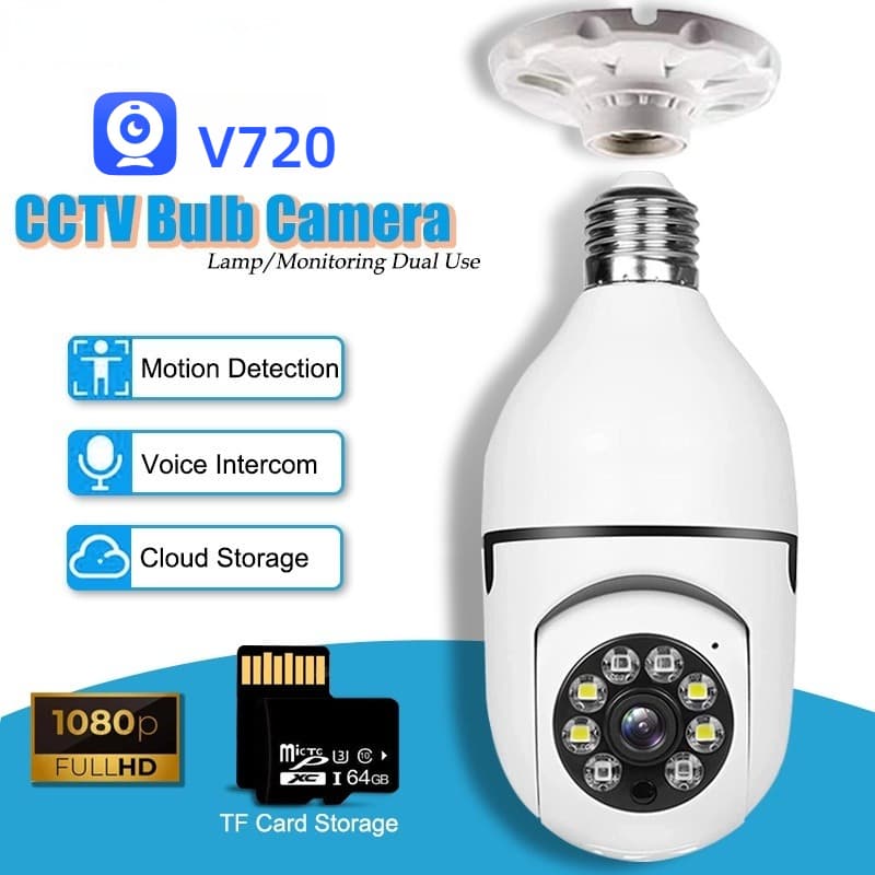 Câmera CCTV tipo lâmpada V720 sem fio com conexão Wi-Fi ao celular – Câmera de segurança inteligente 1080P