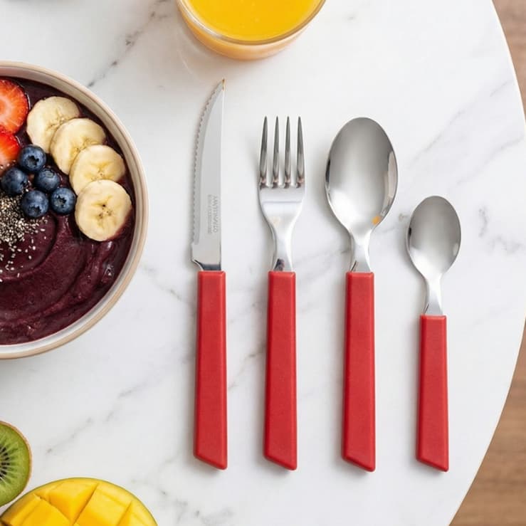 Faqueiro Inox 16 Peças Com Pote Preto Vermelho Kit Cozinha Jogo de Talheres