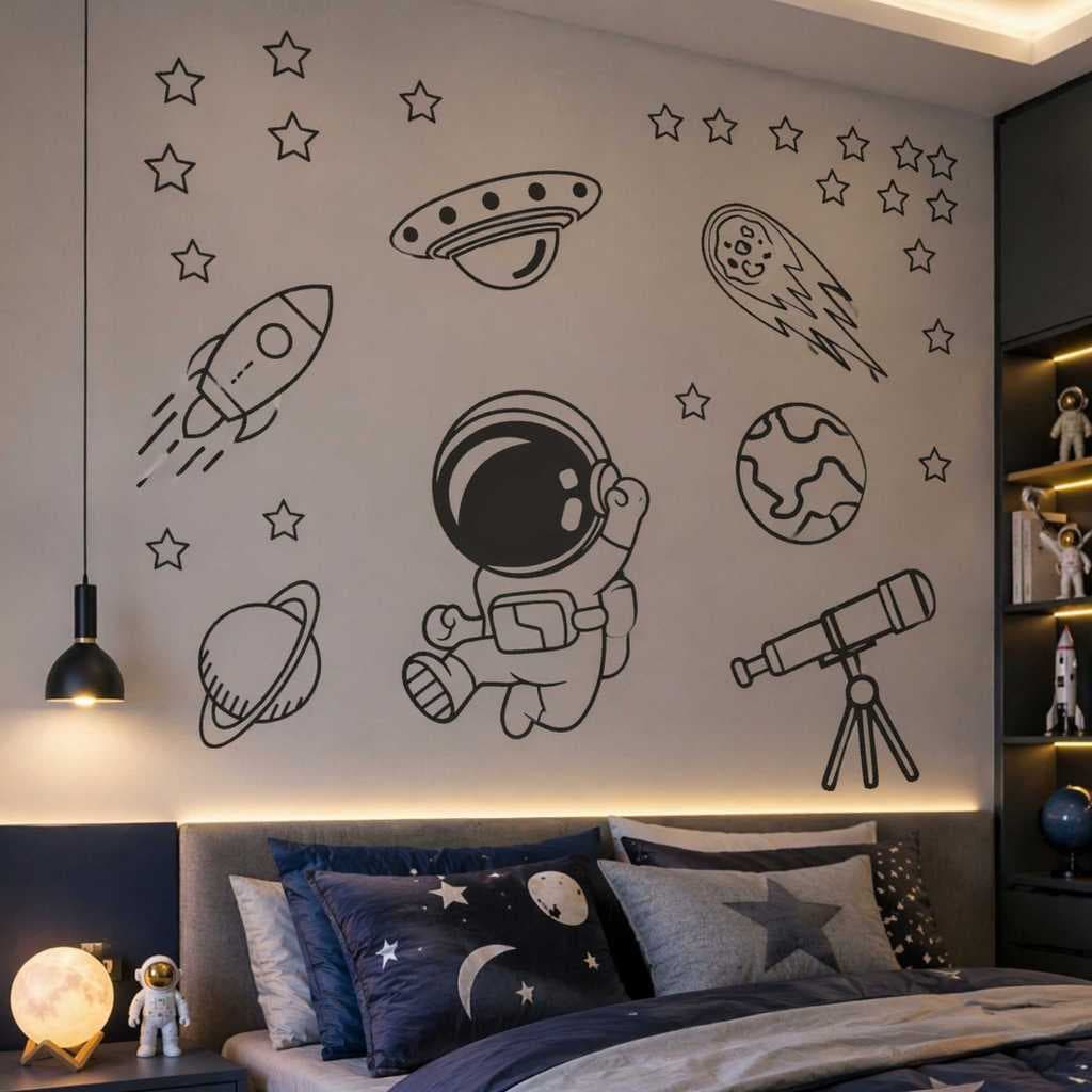🚀 Adesivo de Parede Infantil Personalizado | Universo, Astronauta, Foguete, Planetas e Estrelas 🌙 I