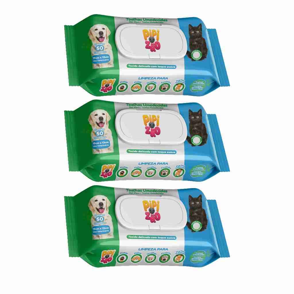 KIT 3 PCT DE LENÇOS UMEDECIDOS PARA CAES E GATOS PREMIUN 50UNI