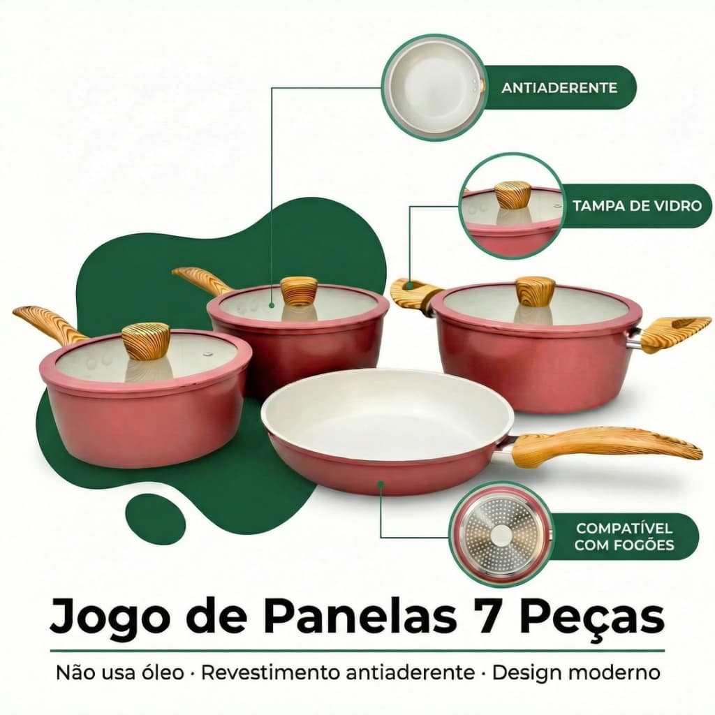 Jogo de Panelas 7 Peças Cerâmica Antiaderente Premium Conjunto Fogão Cooktop Indução Gás Elétrico