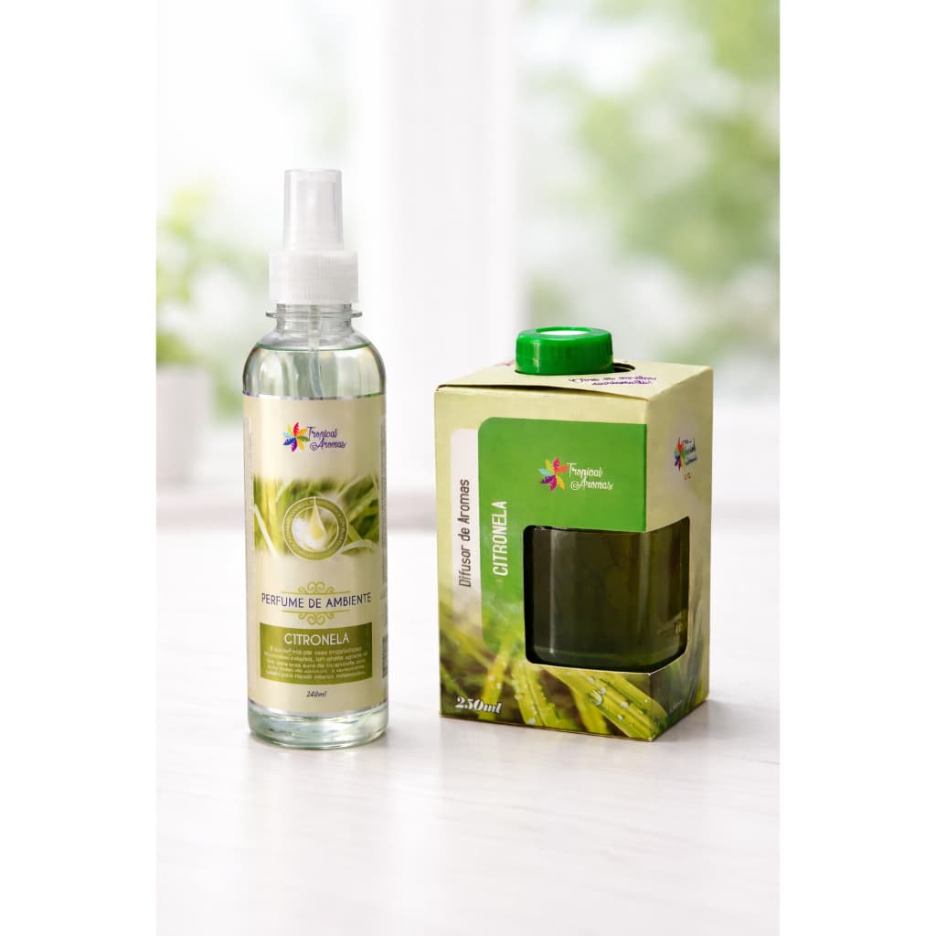Kit Aromatizador de Ambiente Citronela + Difusor 250ml e Perfume de Ambiente - Elimina Odores e Afasta Mosquitos