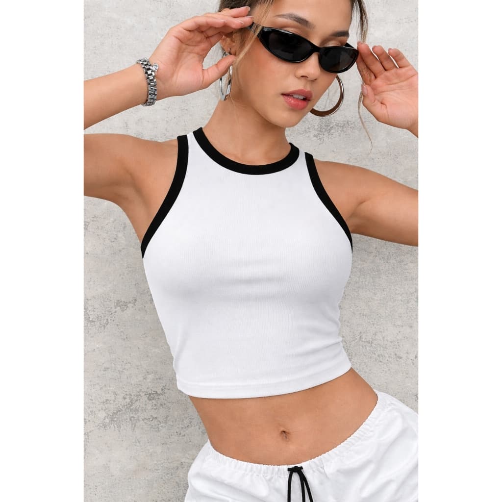 Regata Cropped Feminina Bicolor Top Canelada Blogueira Básica Blusa Blusinha Verão