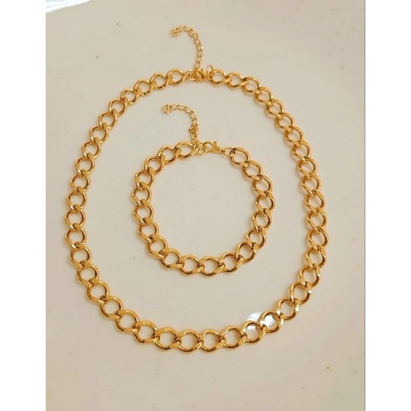 Conjunto Colar e Pulseira Elo Grumet Aço Banho Verniz Italiano