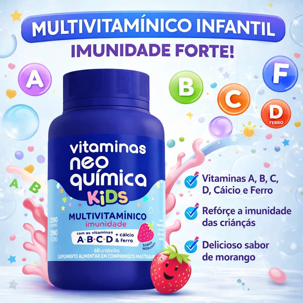 Vitamina Neo Química Kids 60 Comprimidos Sabor Morango
