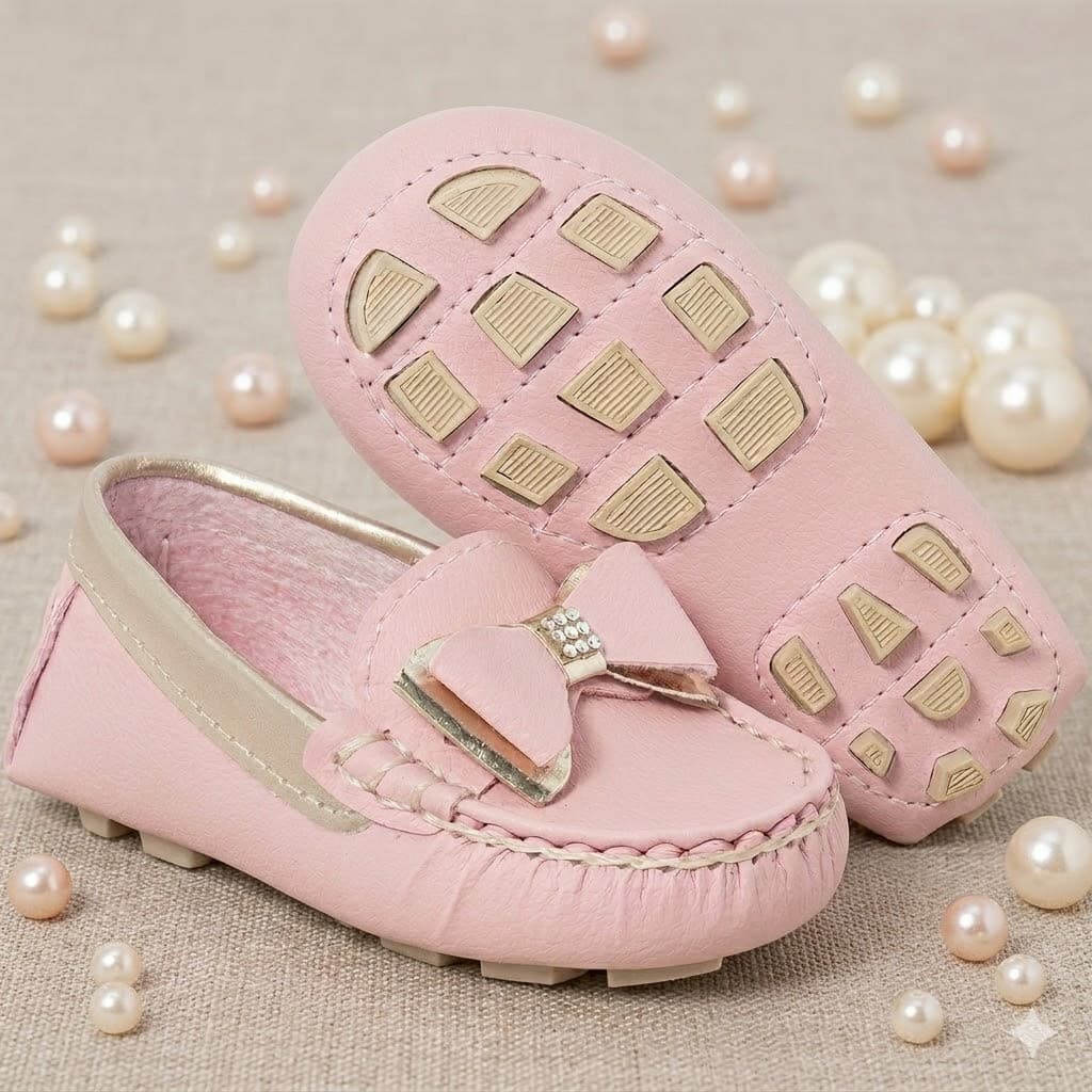 Mocassim Infantil Feminino Laço com Strass V Sapato Social Menina Luxo Estiloso Confortável para Batizado Casamento