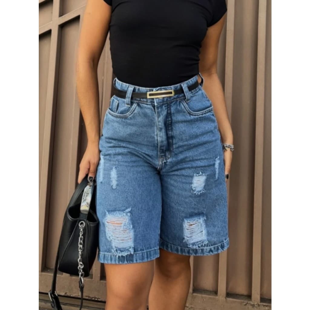 Short Jeans cintura alto Bermuda sem lycra ate joelho simples casual  Moda Street Tecido Algodão Premium