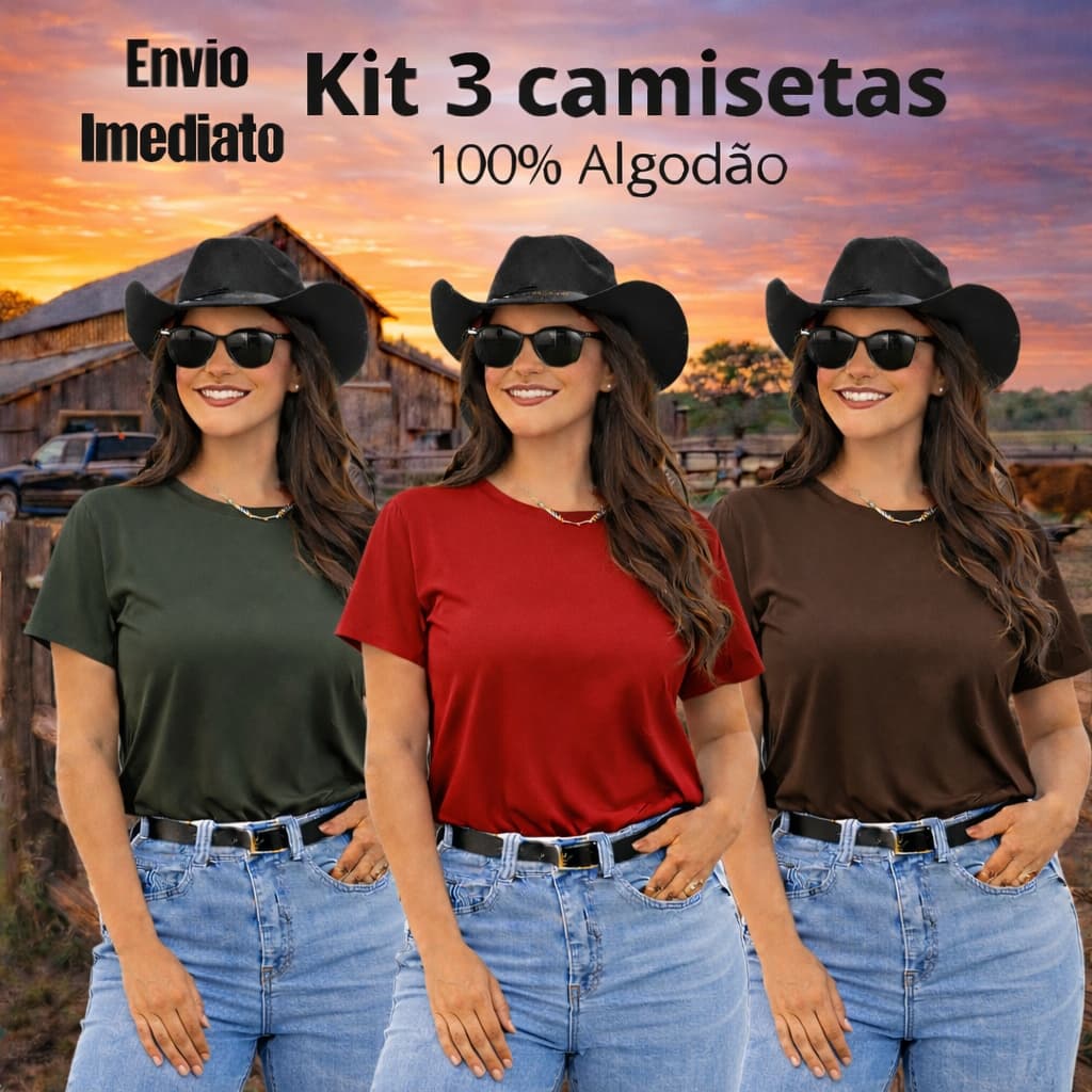 Kit 3 T-Shirts Feminina Country Lisa 100% Algodão Básica Premium