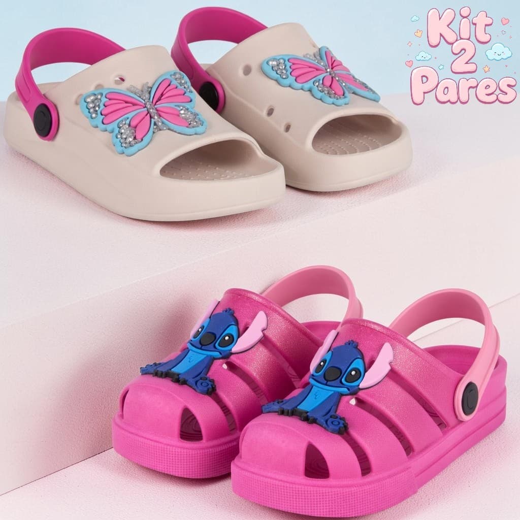 Kit 2 Sandálias Papete Infantil Menina Leve Anatômico e Confortável
