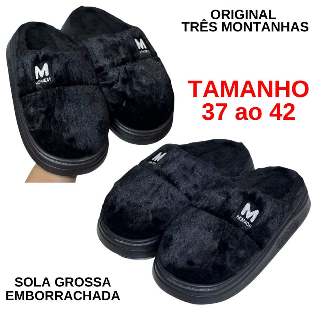 Pantufa Inverno Adulto e Infantil Solado Antiderrapante Preto Unissex Chinelo de Quarto Tamanho 37 ao 42 Três Montanhas