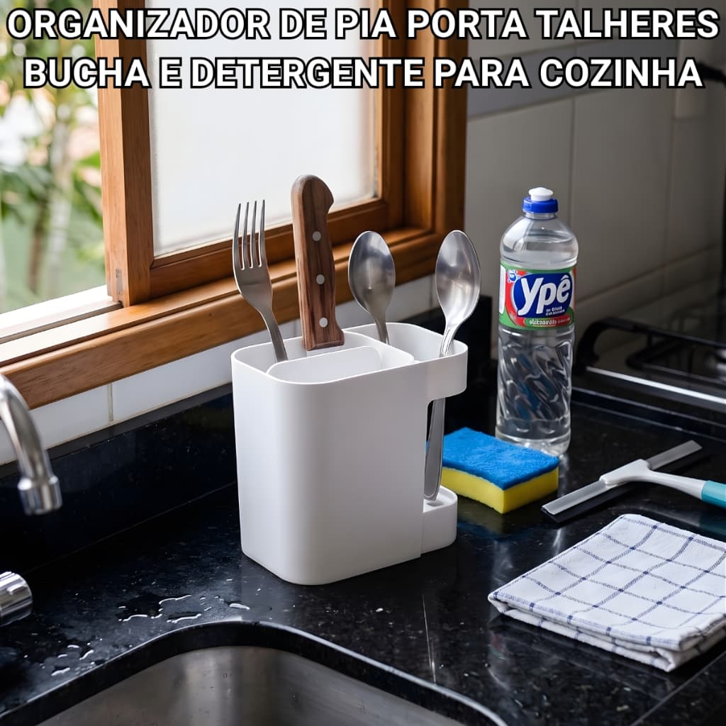 Organizador de Pia Porta Talheres Bucha e Detergente Plastico Branco Cozinha Suporte Multiuso Soprano
