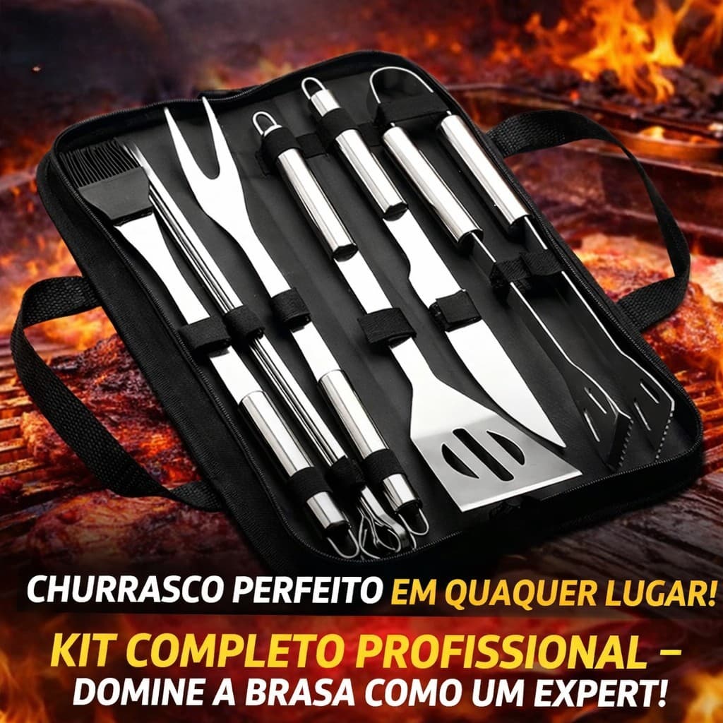 Kit Churrasco 9 Peças Inox Profissional Completo com Bolsa BBQ Premium Alta Qualidade