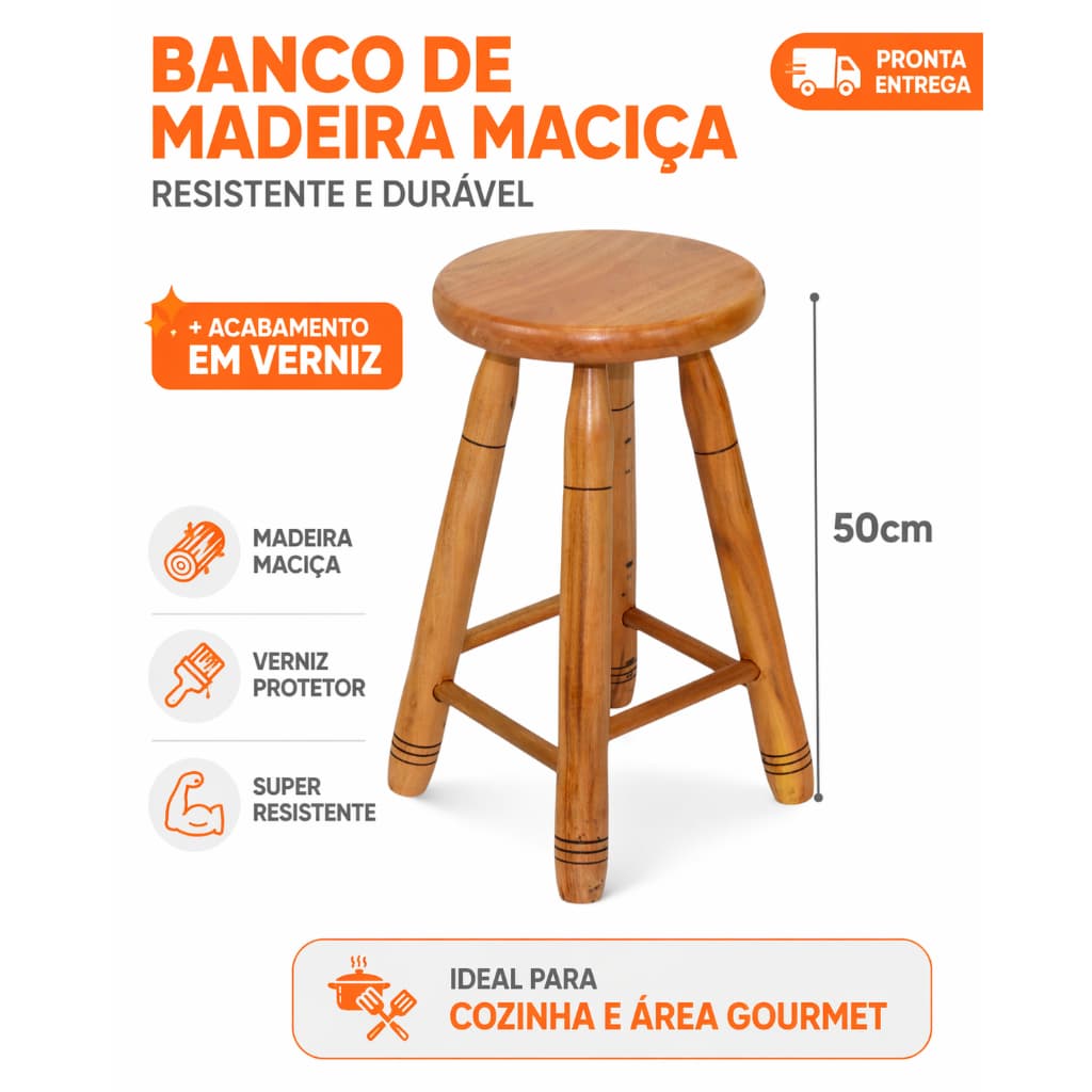 Banqueta Madeira Maciça 50cm Verniz Premium Super Resistente Banco Cozinha Bar Balcão Gourmet