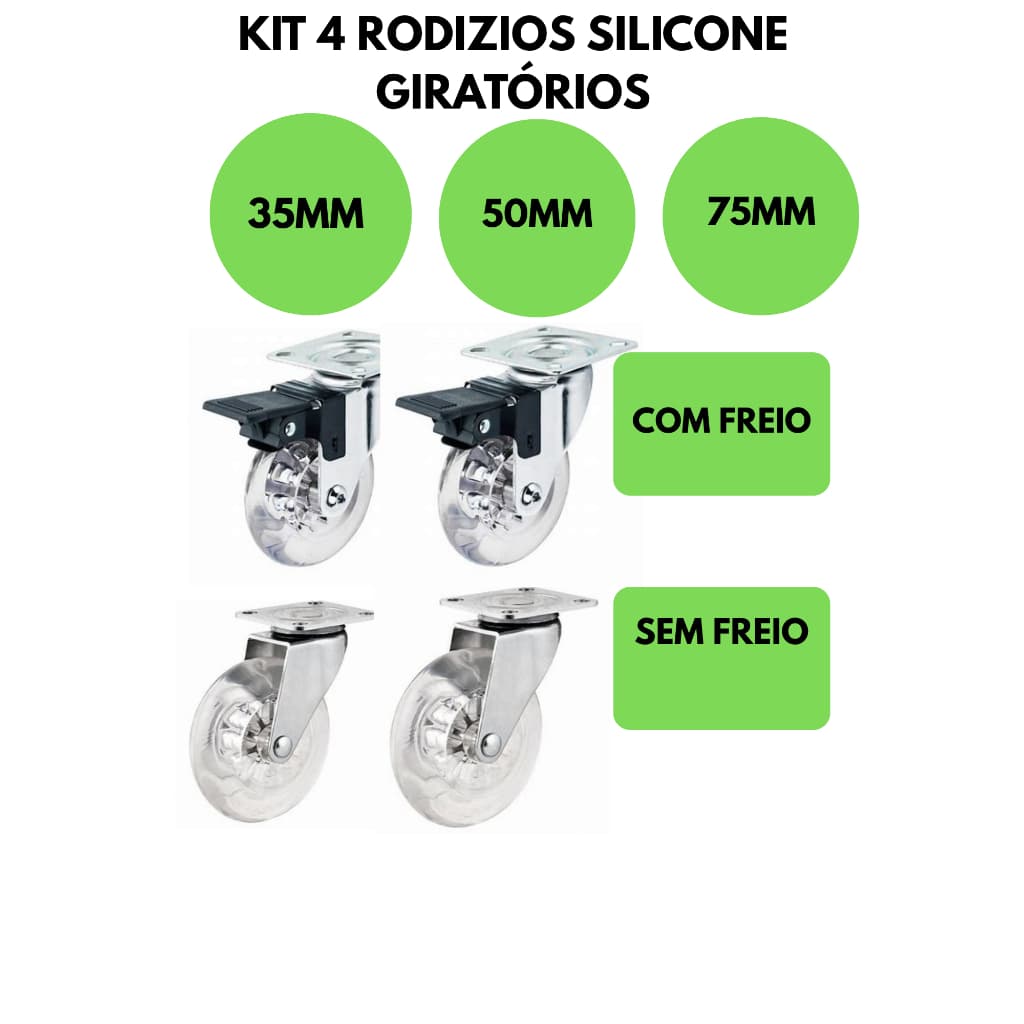 Kit 4 Rodízios Rodinha Silicone Giratório ( 35MM 50MM 75MM) 2 Com Freio e 2 Sem Freio ANTI RUIDO com parafusos