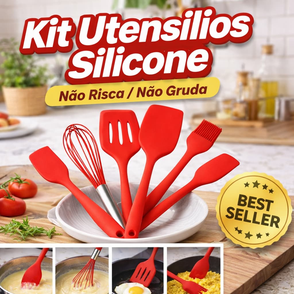 Kit Utensílios Silicone Cozinha 5 Peças Antiaderente Não Gruda Não Risca Panelas Durável