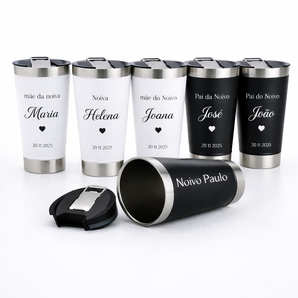 Kit 6 Copos Térmico  Personalizado Casamento Nome Data Aço Inox 473ml