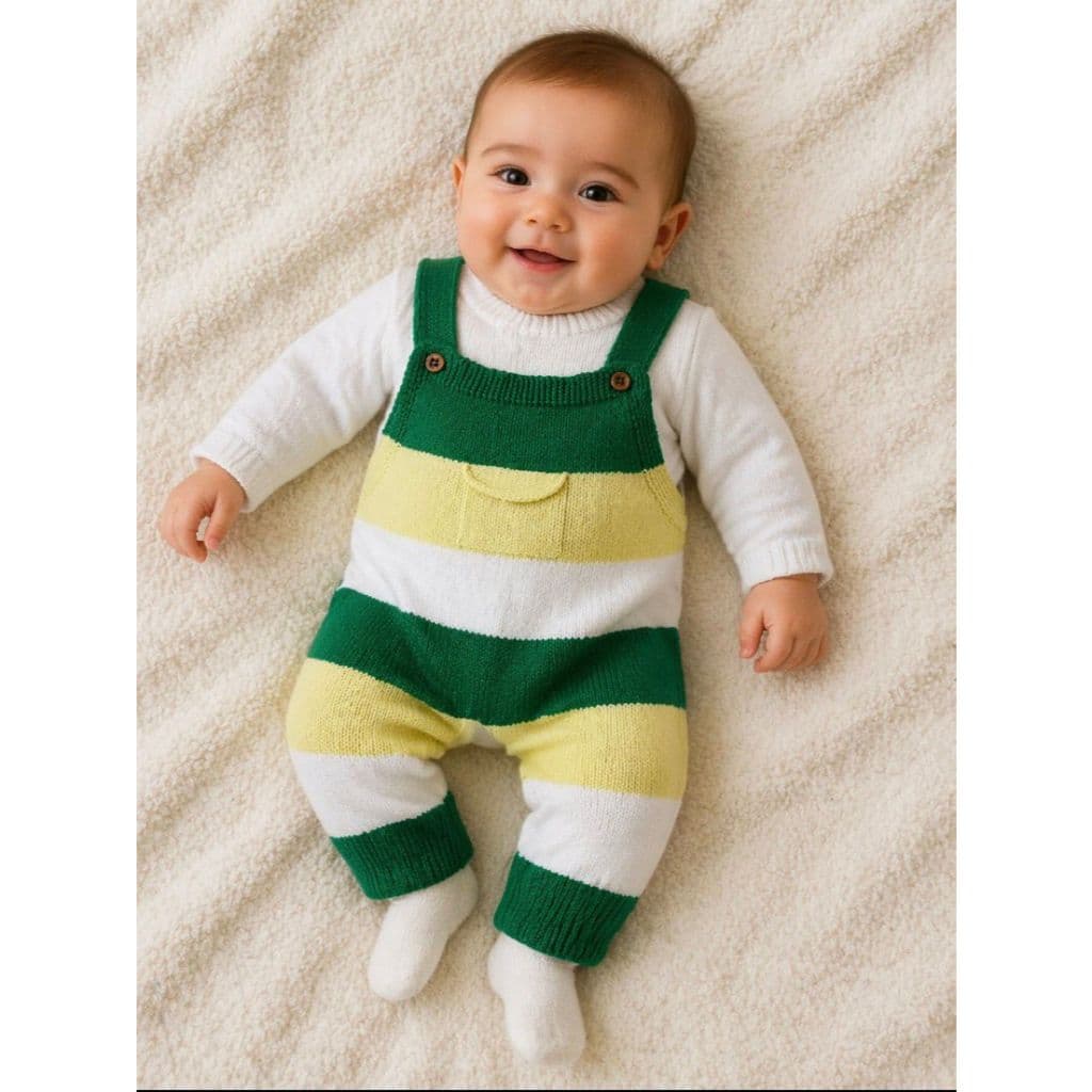 Conjunto Jardineira Blusa Listra Brasil RN Récem Nascido Menino Menina Tricô Infantil