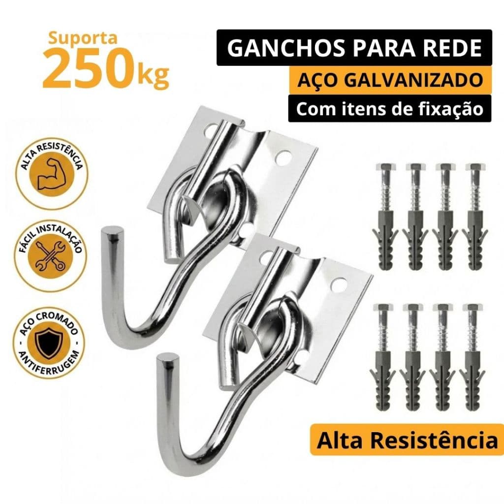 Gancho para Rede Reforçado com Buchas e Parafusos Suporta até 250 kg Aço Inox
