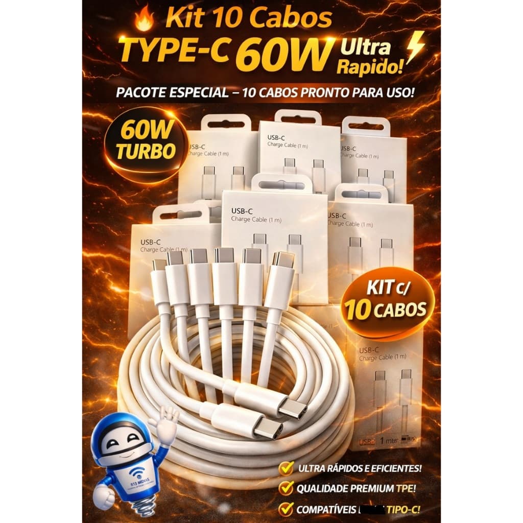 Kit c/ 10 Cabos USB-C De 60W TRANÇADOS Para iPhone 16 15 Plus Pro Max PD Carregador Rápido Tipo Macbook iPad| Kit c/ 10
