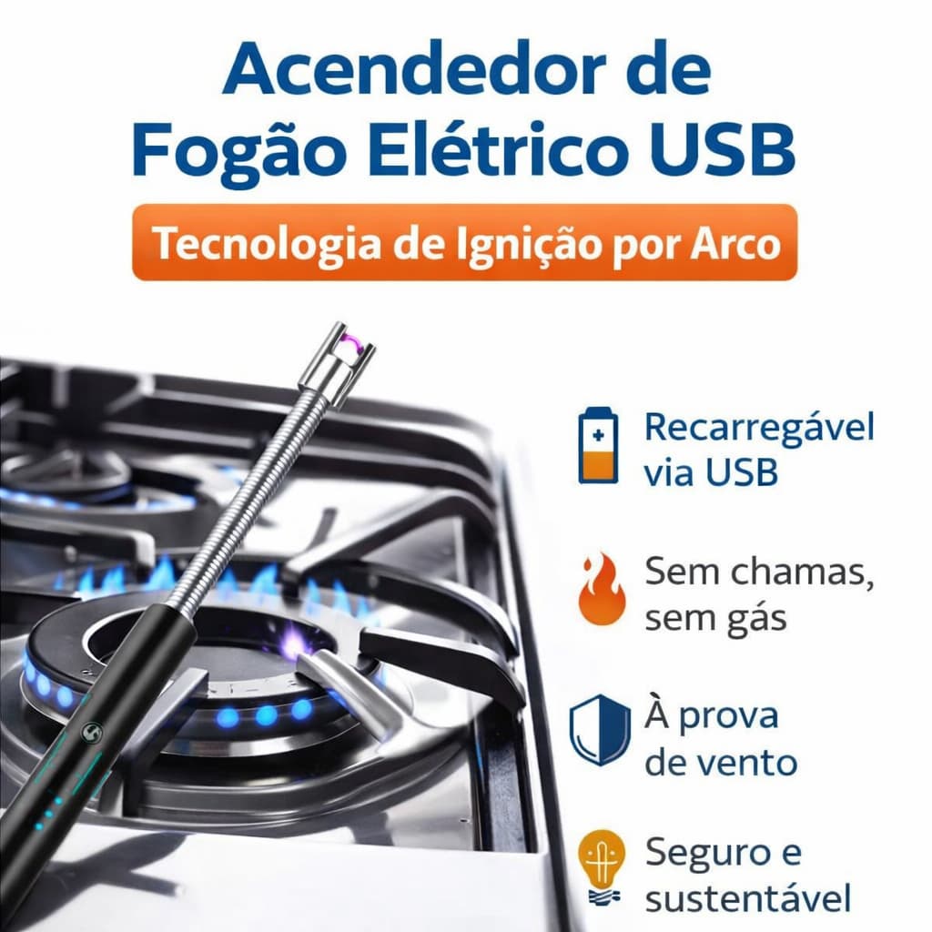 Acendedor de Fogão Elétrico Recarregável USB – Tecnologia de Ignição por Arco - (Cores Sortidas)