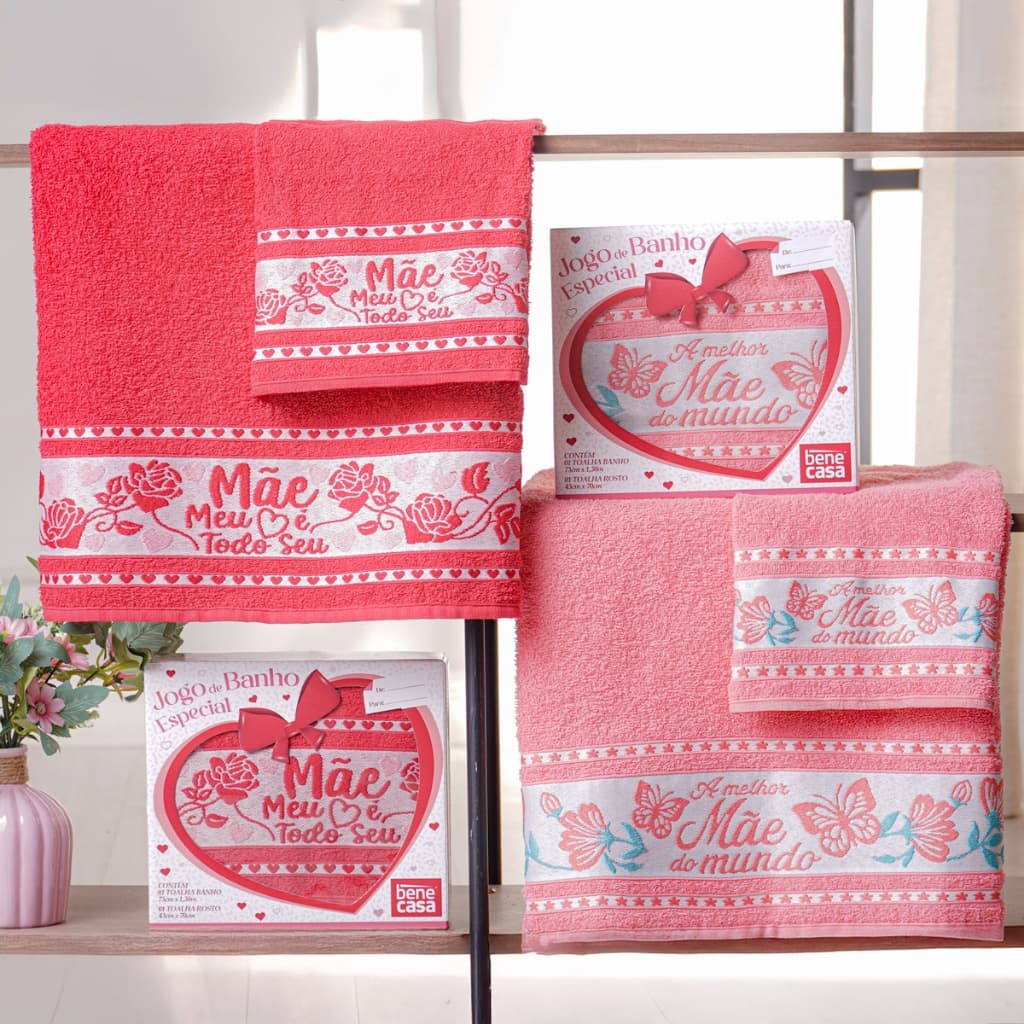 Kit Jogo de Toalha Banho e Rosto Amor de Mãe Bene Casa-Banho e Rosto frases bordada/Presente com Caixa Especial 90% Alg.
