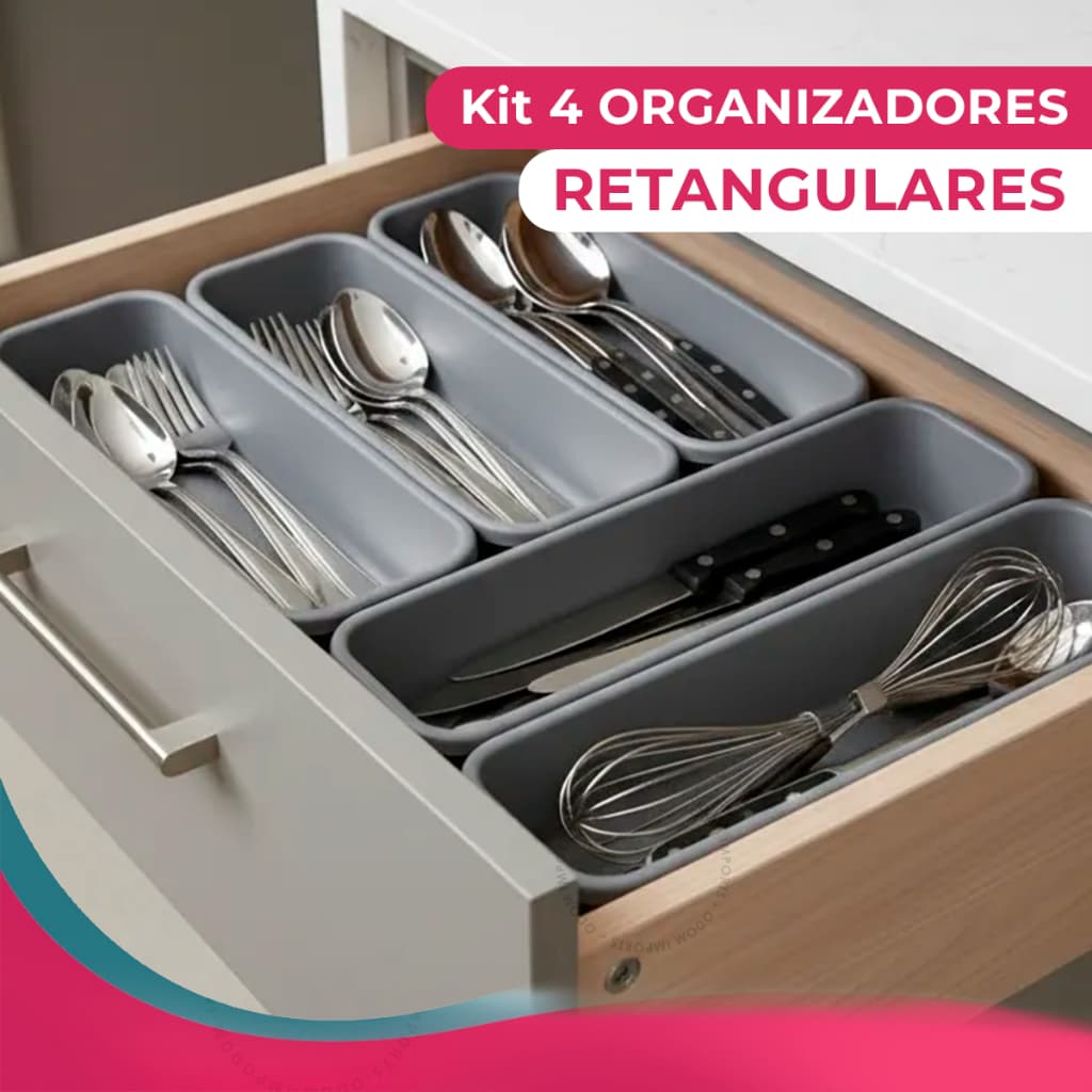 Organizador De Gavetas Porta Talheres Cozinha Utensílios Kit 4 Peças Multiuso Armário Cinza
