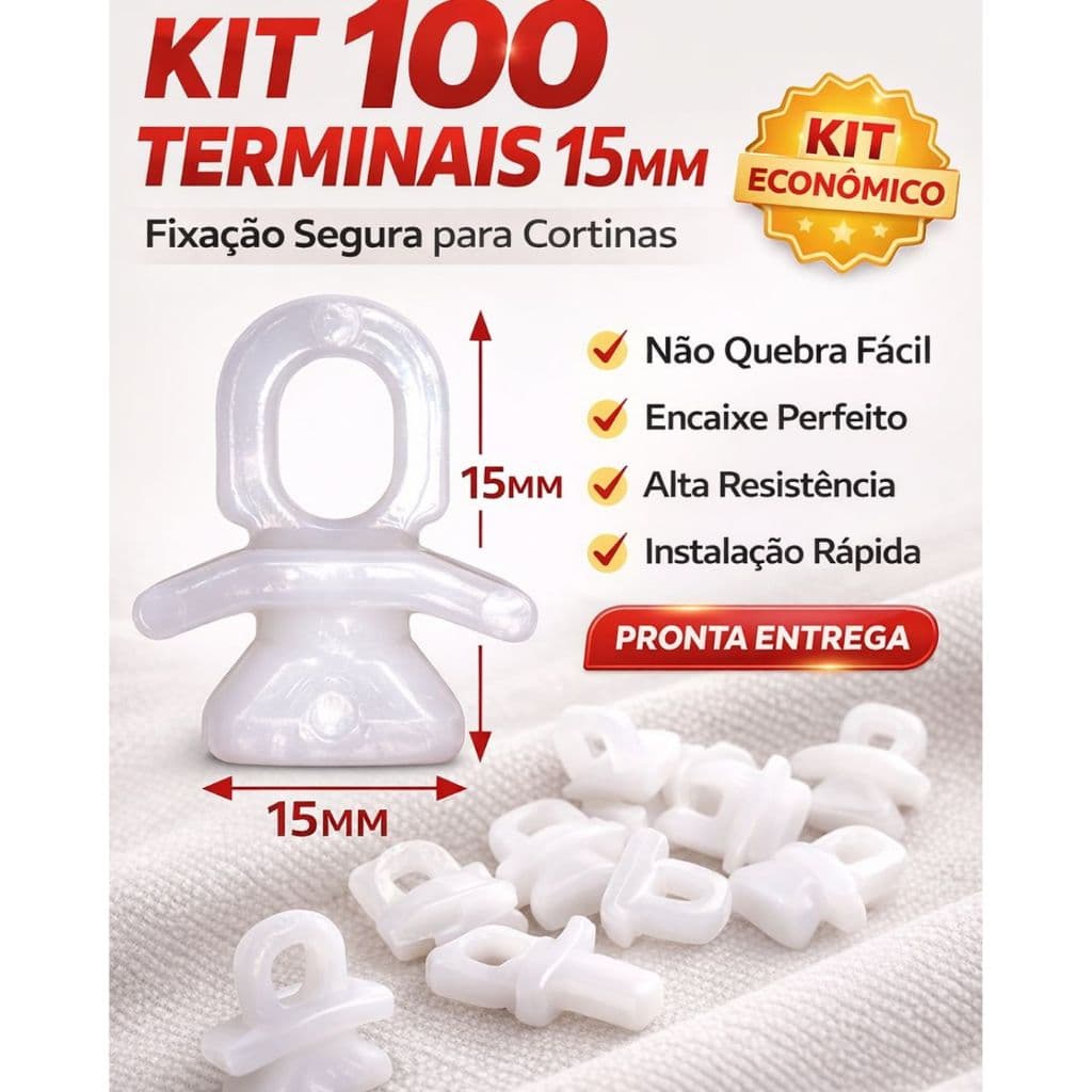 100 Terminais p/ Cortina 15mm | Fixação Segura |Plástico Resistente | Encaixe Fácil | Pronta Entrega