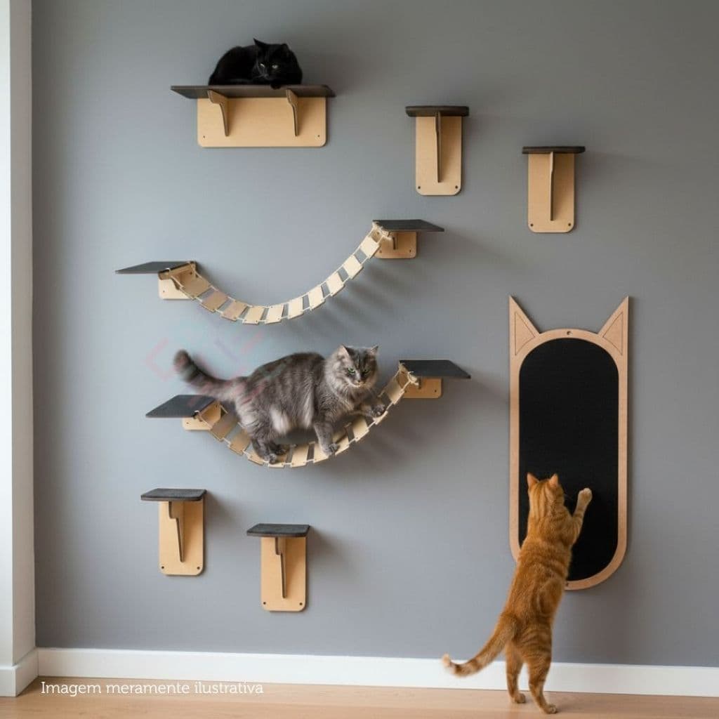 Kit Playground Gatos Parede 8 Peças Com Prateleira Ponte Arranhador Ideal Para Apartamento Casa Sala