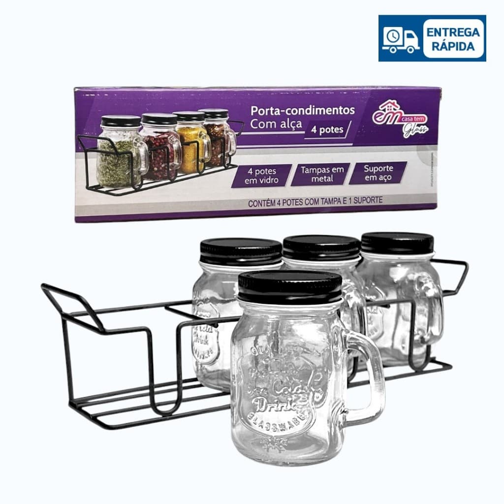 Kit Porta Temperos Vidro E Metal Com Suporte Organizador De Bancada Cozinha Moderna Luxo - Porta Condimentos