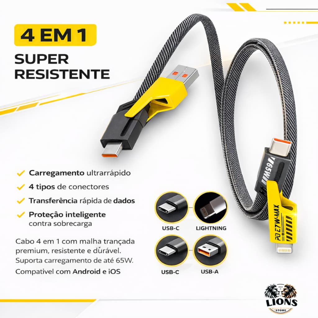 Cabo Multi-Conector 4 em 1 65W 1m –USB-C/USB-A/Lightning | Alta Velocidade de Carga iPhone & Android