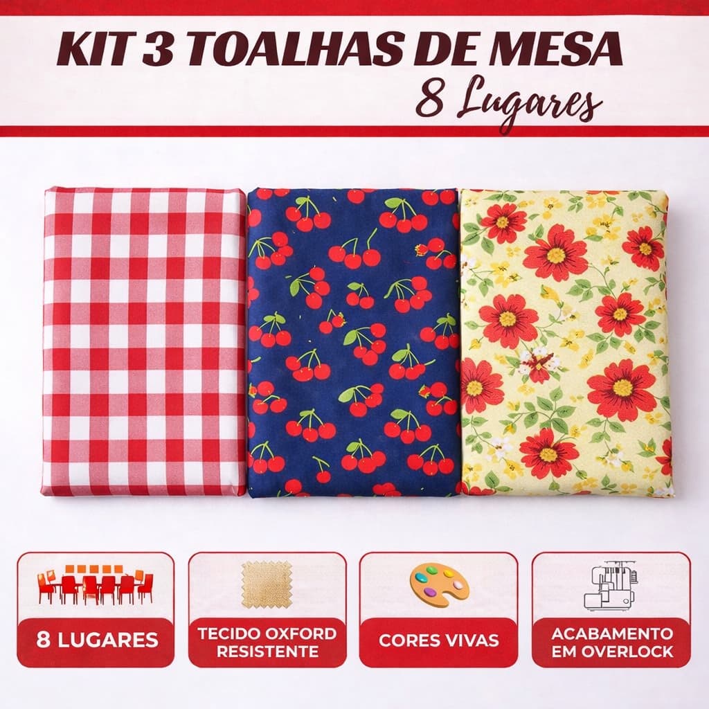 Toalha de Mesa Retangular 8 Lugares Tecido Oxford Resistente Kit com 3 Lindas Estampas para  Cozinha
