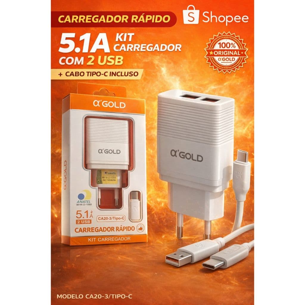Carregador Rápido OL'GOLD 12W e 30w c/ Cabo Tipo-C + 2 USB