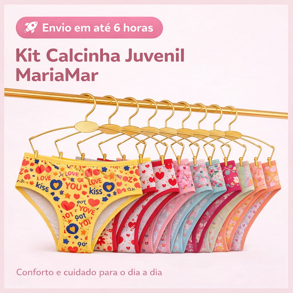 Kit com 5 ou 10 Calcinhas Infantojuvenil em Algodão com Forro 100% Algodão