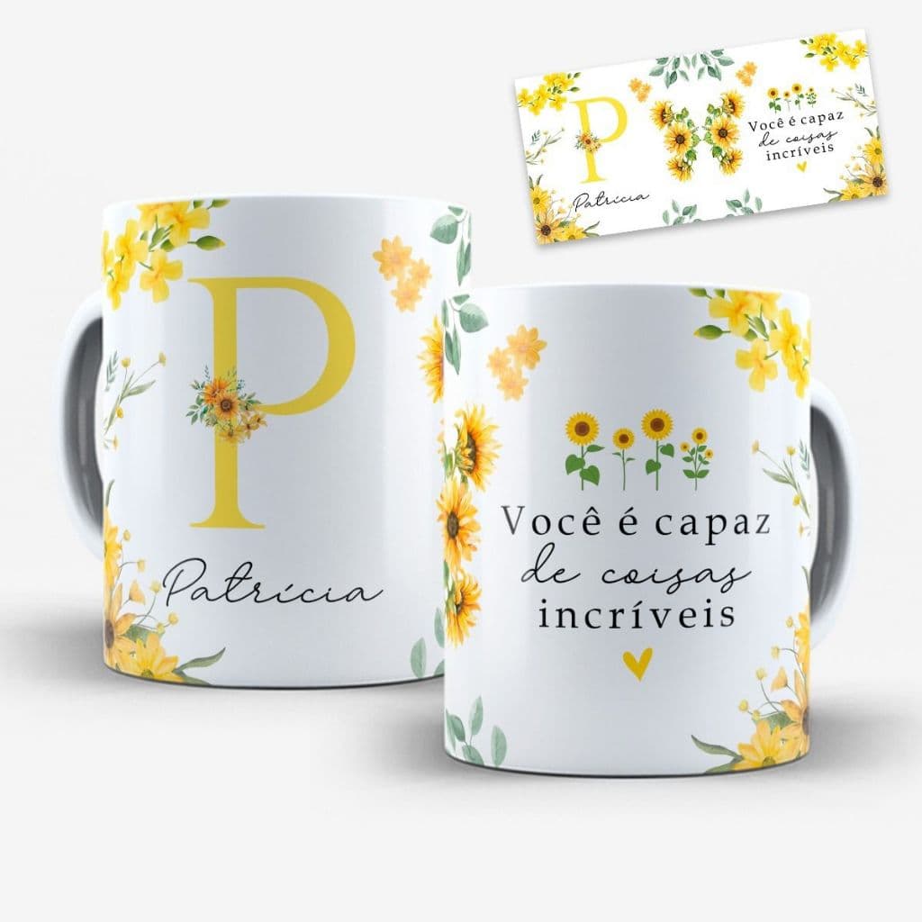 Caneca com Nome e Inicial Personalizada Floral 325 ml Xicara Porcelada Presente