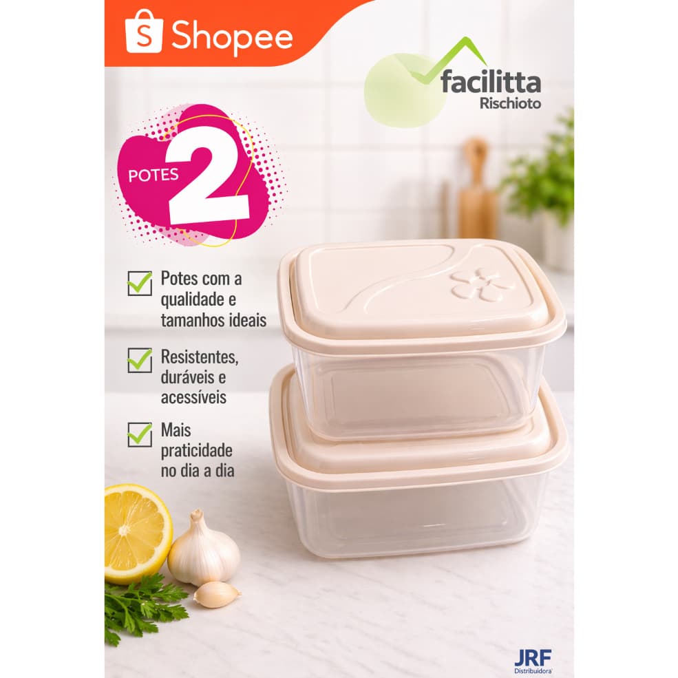 Kit 2 Potes Plásticos Retangulares 1500ml Rischioto Com Tampa Para Alimentos Marmita Geladeir