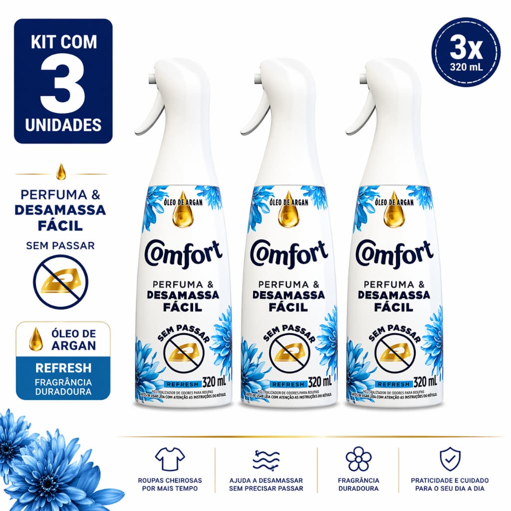 Kit 3 Comfort Perfuma Desamassa Fácil 320ml – Spray Roupa Cheirosa Sem Passar Fragrância Duradoura