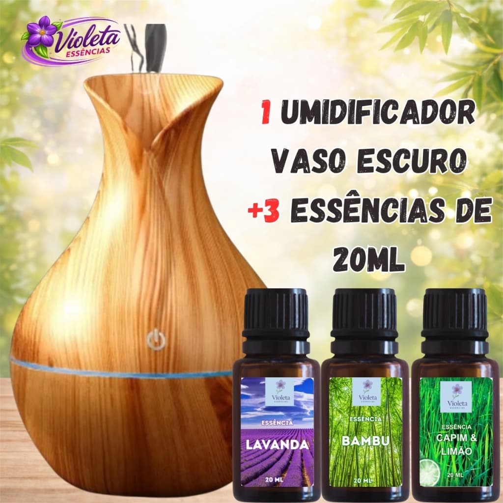 Umidificador Vaso Aromatizador Ultrassônico Madeira Com Led Colorido+3 essencias|mais vendido