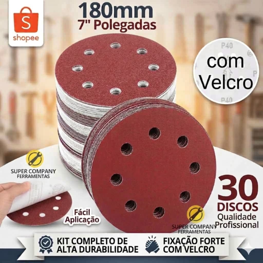 30 Disco De Lixa Com Velcro 7 Pol. 180mm com Furo - Kit Discos Lixas Vários Grãos - Escolher Grãos