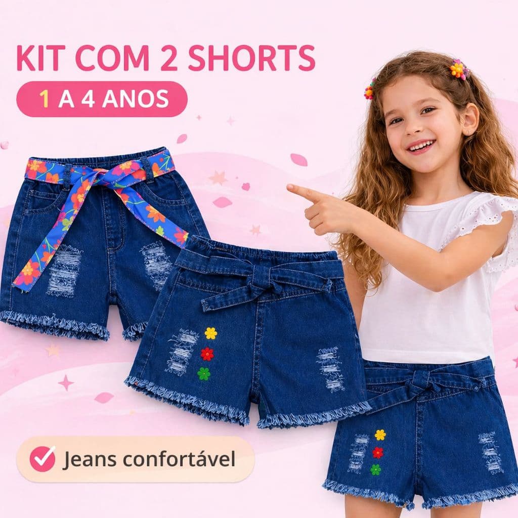 Kit 2 Short Jeans Infantil Feminino Moda Verão com Detalhe em Cinto Detalhes Diferenciados