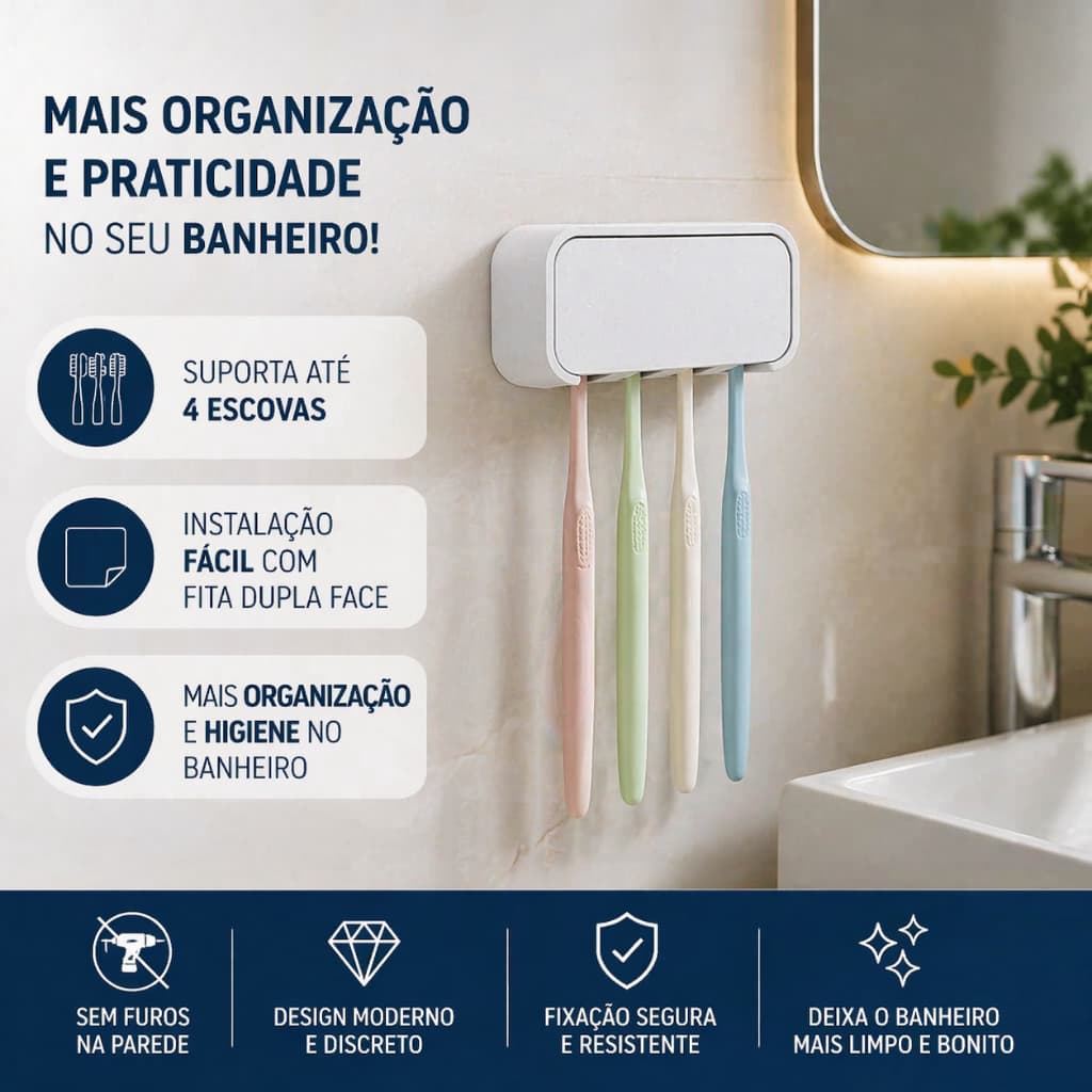 Suporte para Escovas de Dente com Fita Dupla Face | Organizador de Parede para Banheiro | Capacidade para 4 Escovas
