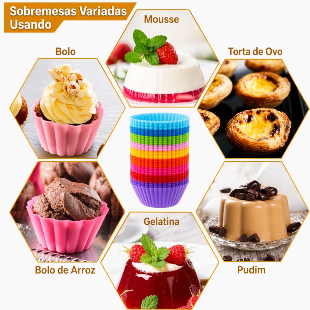 Conjunto 48/120 Peças Forma de Silicone Redonda para Cupcake de 7 cm para Assar Bolos